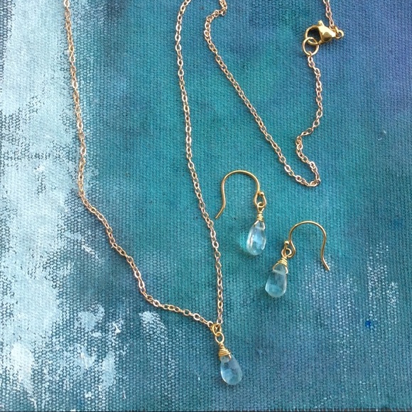Natural Aquamarine Gold Plated Necklace & Earrings - Picture 3 of 16
